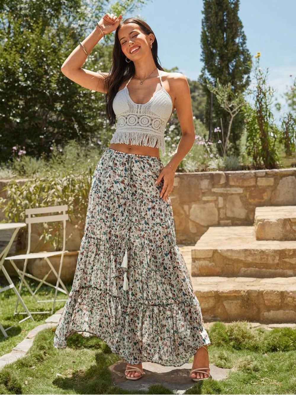 SHEIN Bohemian Floral Tiered Maxi Skirt in Cream and Teal